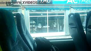 Outdoor handjob and blowjob on big ass brunette off bus