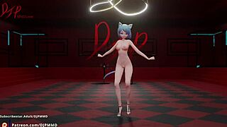 The animated temptress named Mia with short blue hair dances seductively on Hentai video