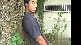 japanese twink enjoys outdoor shower handjob