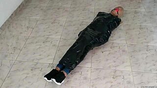 Duct tape mummified girl gets hooded in pantyhose. Sadistic women ball gag her tight! 😈