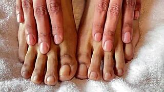 Asian Pornstar's Barefoot Fingering With Clear Nails