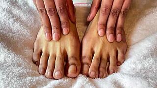 Asian Pornstar's Barefoot Fingering With Clear Nails