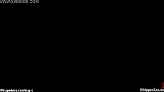 Bound blindfolded lesbian endures hard whipping