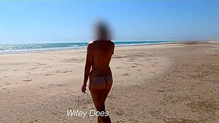 Wife dares to go full nude at the public beach