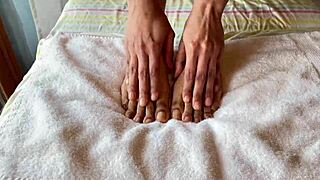 Asian Pornstar's Barefoot Fingering With Clear Nails