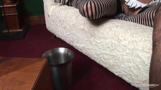 Slutty blonde gives sloppy blowjob in art gallery!