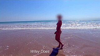 Wife dares to go full nude at the public beach