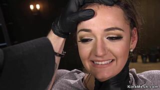 busty slave is tied up tight and placed on a harsh pussy perch.