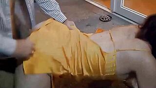 Yellow satin dress milf bent over for deepthroat POV