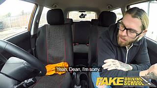 Busty blonde fucks in fake driving school!