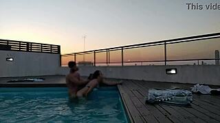 Cumming a lot in the pool at sunset