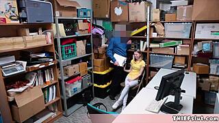 cute skinny russian shoplifter caught by mall cop and faces tough consequences in backroom encounter.