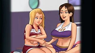 Cartoon babe and pervy neighbor at it again, this time with her in a cheerleader outfit flogging her big boobs at him from across the street