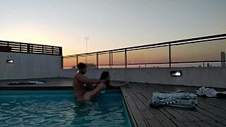 Cumming a lot in the pool at sunset