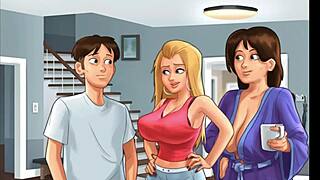 Cartoon babe and pervy neighbor at it again, this time with her in a cheerleader outfit flogging her big boobs at him from across the street