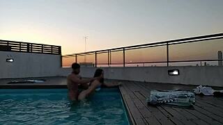 Cumming a lot in the pool at sunset