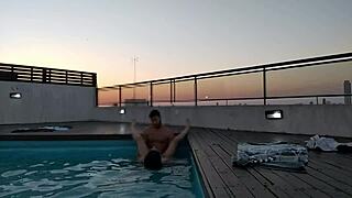 Cumming a lot in the pool at sunset
