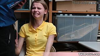 cute skinny russian shoplifter caught by mall cop and faces tough consequences in backroom encounter.