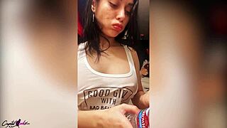 big boobs babe teasing with wet t-shirt fingering