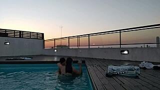 Cumming a lot in the pool at sunset
