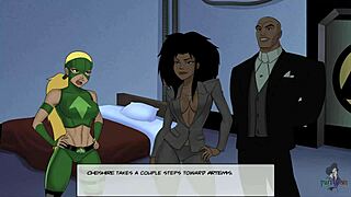 Tan and erotic liaison between Cheshire and Artemis in the planet of DC Comics
