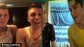 Horny gay couples Jacob Jones, Isaac Jake, and Joshua Storm keep up their sex workout routine at home on Bromo.