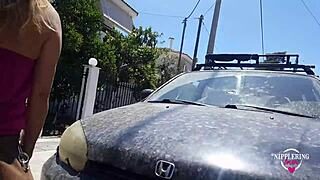 kinky milf flashes pierced nipples and pussy on street