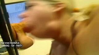 dude, this blonde deepthroats a huge dildo like crazy! 😲
