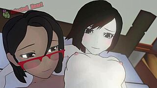 saffron and terra dominate ruby and yuri in lesbian group. they use strapon and muff diving.