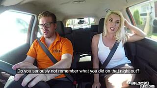 Public British teacher sucking driving instructor's cock, then riding in cowgirl outdoors?