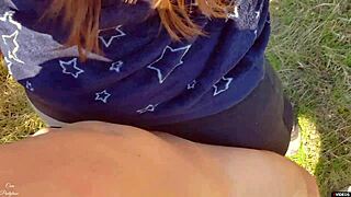 Nympho bent over in ripped jeans, pounded outdoors with massive cumshot