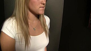 blonde briella bounce plays with wet pussy while sucking monster cock through glory hole.