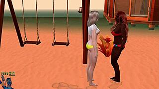 blonde and brunette get naughty on public beach with surprises