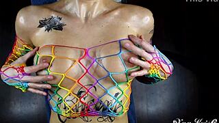 look at this rainbow titfuck with tattooed sexy girl oiled big tits cum on tits pov