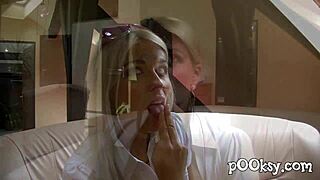 Sexy whore deepthroats with big ass bent over in lingerie.