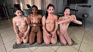 four sluts with body writing spitting faces while exercising stupidly