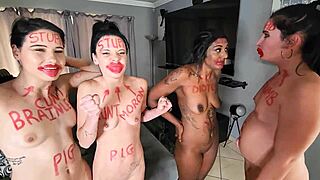 four sluts with body writing spitting faces while exercising stupidly