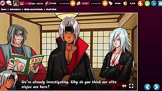 Ninja bent over for deepthroat blowbang