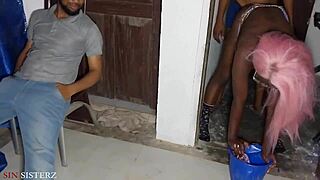 i cant believe whats going on here i fuck her while her husband is back and he didnt know and same husband is fucking her in the bathroom