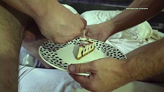 I devour cum from Kostya Kazenny's bareback fuck with Mars Barcelona on food