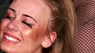 spicy beauty gets sperm shot on her face eating all the spunk