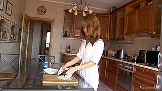 Teasing Teen Darien Rubs Pancake Mix on Nude Body