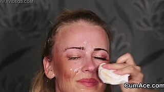 spicy beauty gets sperm shot on her face eating all the spunk