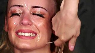 spicy beauty gets sperm shot on her face eating all the spunk