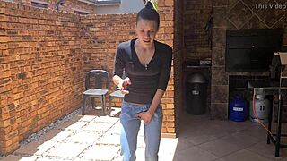 piss desperation in mom jeans outdoors while smoking