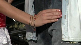 horny brunette chick gets both holes fucked outdoors