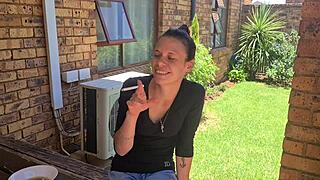 piss desperation in mom jeans outdoors while smoking