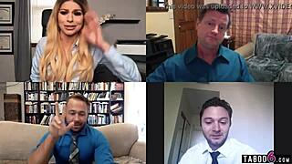 A busty employee known as Brooklyn Chase unknowingly entertains a video audience