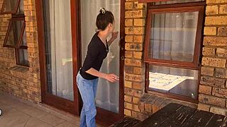 piss desperation in mom jeans outdoors while smoking
