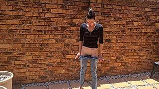 piss desperation in mom jeans outdoors while smoking